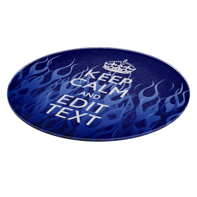 Your Text on Keep Calm on Navy Blue Racing Flames Cutting Board (Corner)