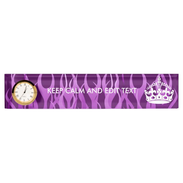 Your Text on Keep Calm on Purple Racing Flames Nameplate (Front)