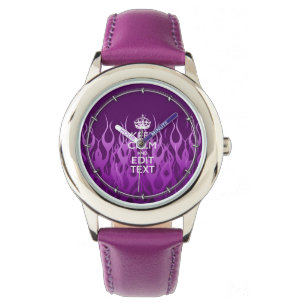 Your Text on Keep Calm Purple Racing Flames Decor Watch