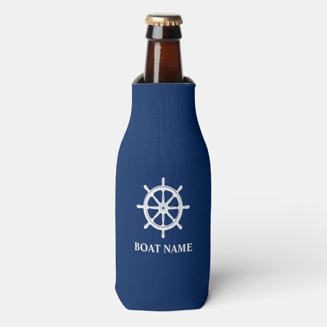 Your Text or Boat Name Nautical Ships Wheel Helm Bottle Cooler (Bottle Front)