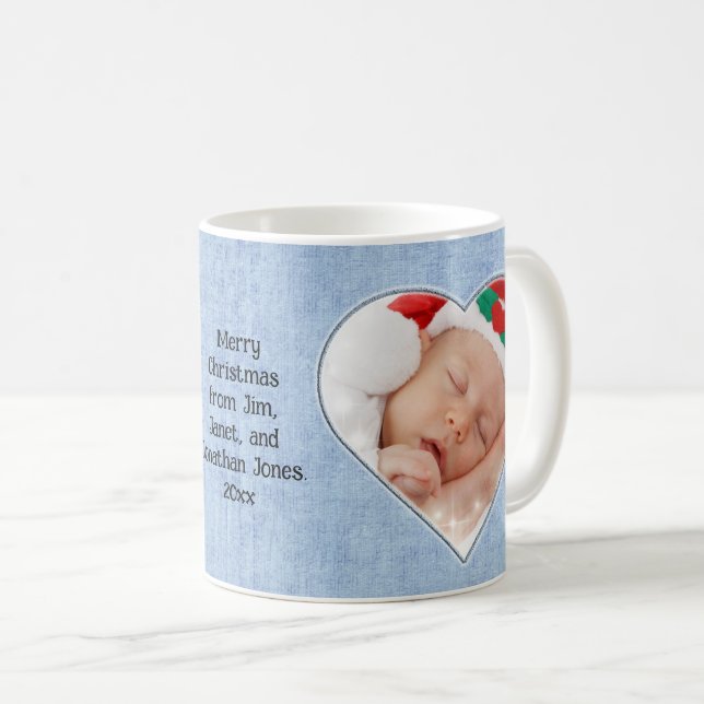 Your Text & Photo: Blue Heart-Shaped Picture Frame Coffee Mug (Front Right)
