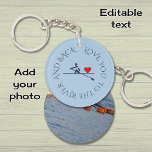 Your text photo double-sided light blue rowing key ring<br><div class="desc">A rowing keychain personalised with your own photo. On one side is an icon of a rower transporting a heart,  with navy coloured text (you can edit this if you wish) "LOVE YOU TO THE RIVER AND BACK". The reverse side is ready for you to upload a photo.</div>