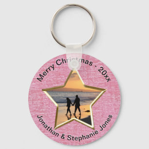  Your Text & Photo: Pink Star-Shape Picture Frame Key Ring