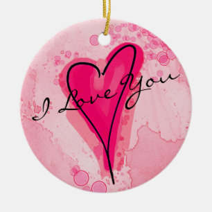 YOUR TEXT Pink Watercolor Heart Ceramic Tree Decoration