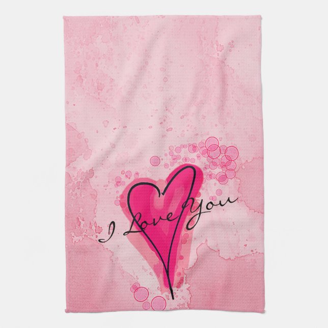 YOUR TEXT Pink Watercolor Heart Tea Towel (Vertical)