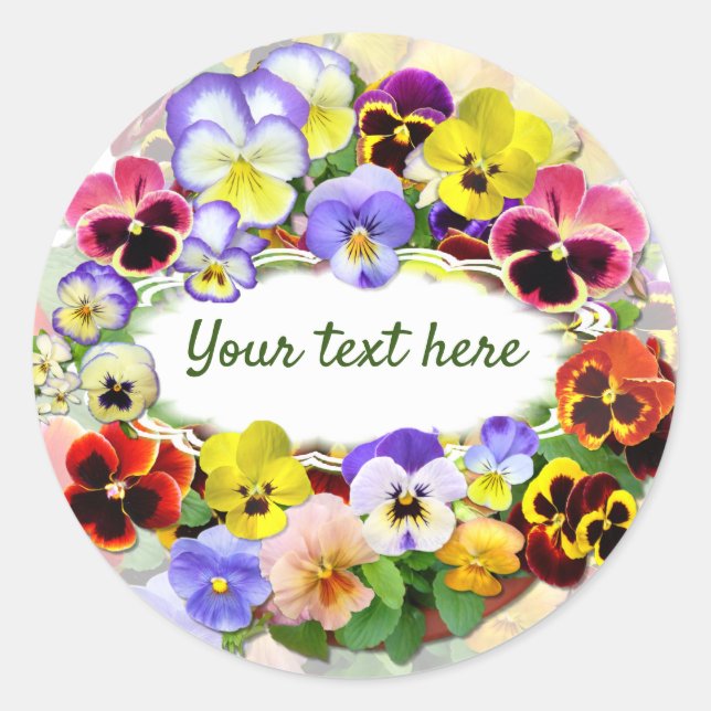 Your Text Pretty Pansies Classic Round Sticker (Front)