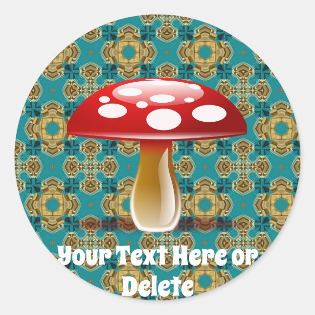 Your Text Retro Teal Green & Red Amanita Mushroom Classic Round Sticker (Front)