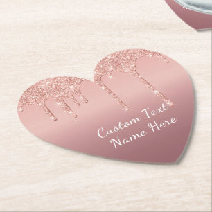 Your Text Rose Gold Blush Glitter Sparkle Drips Paper Coaster