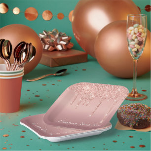 Your Text Rose Gold Blush Glitter Sparkle Drips Paper Plate