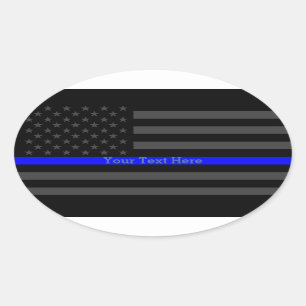 Your Text Thin Blue Line Black US Flag Accent Oval Sticker
