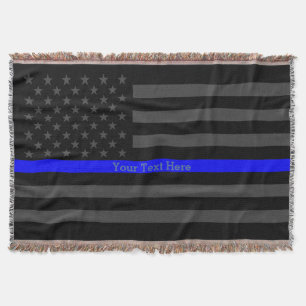 Your Text Thin Blue Line Charcoal Black US Flag Throw Blanket