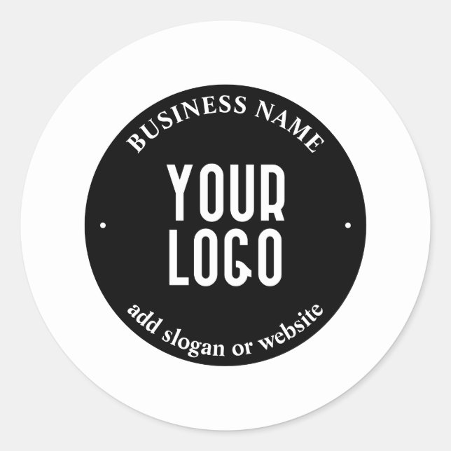 Your Text & Uploaded Logo | Editable Black & White Classic Round Sticker (Front)