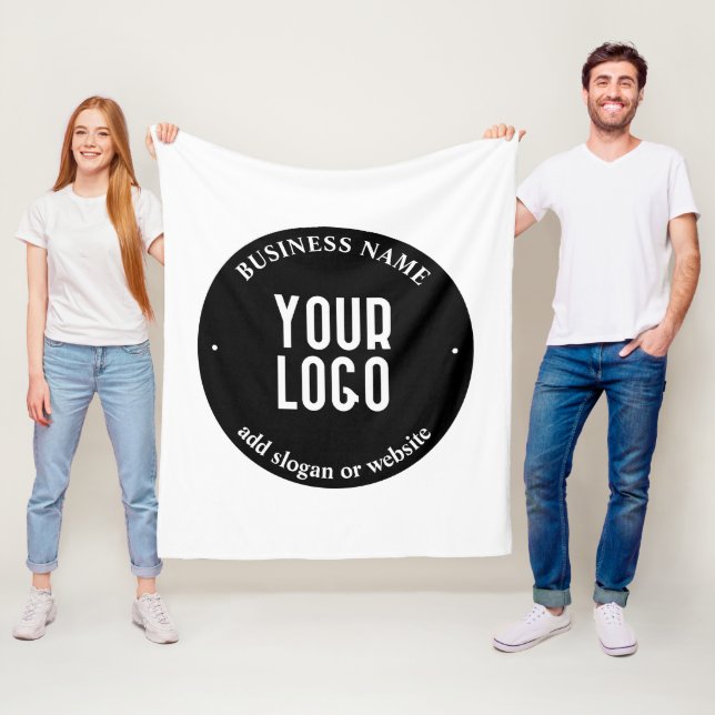 Your Text & Uploaded Logo | Editable Black & White Fleece Blanket (In Situ)