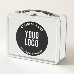Your Text & Uploaded Logo   Editable Black & White Metal Lunch Box