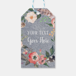 Your text Vintage Floral Wreath Silver Glitter Gift Tags