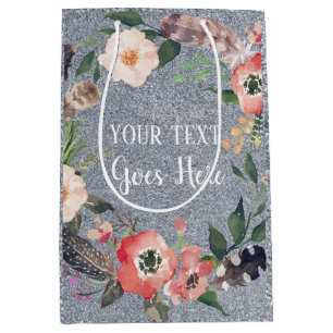 Your text Vintage Floral Wreath Silver Glitter  Medium Gift Bag