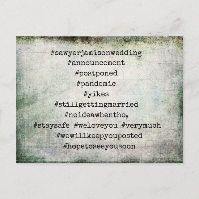 Your Top 12 Hashtags Grunge Postponed Wedding Postcard (Front)