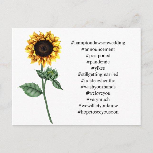 Your Top 12 Hashtags Sunflower Postponed Wedding Postcard (Front)