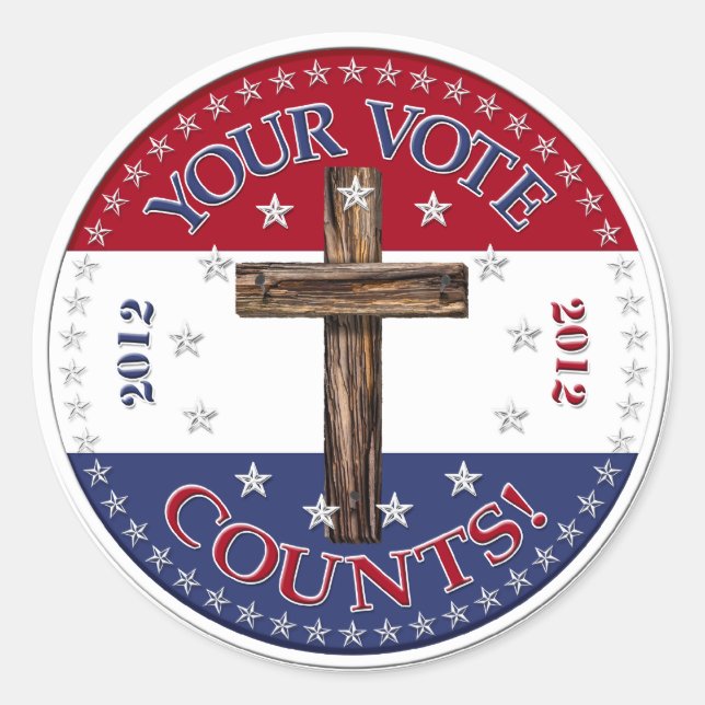 YOUR VOTE COUNTS! 2012 Round with rugged cross Classic Round Sticker (Front)