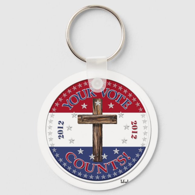 YOUR VOTE COUNTS! 2012 Round with rugged cross Key Ring (Front)