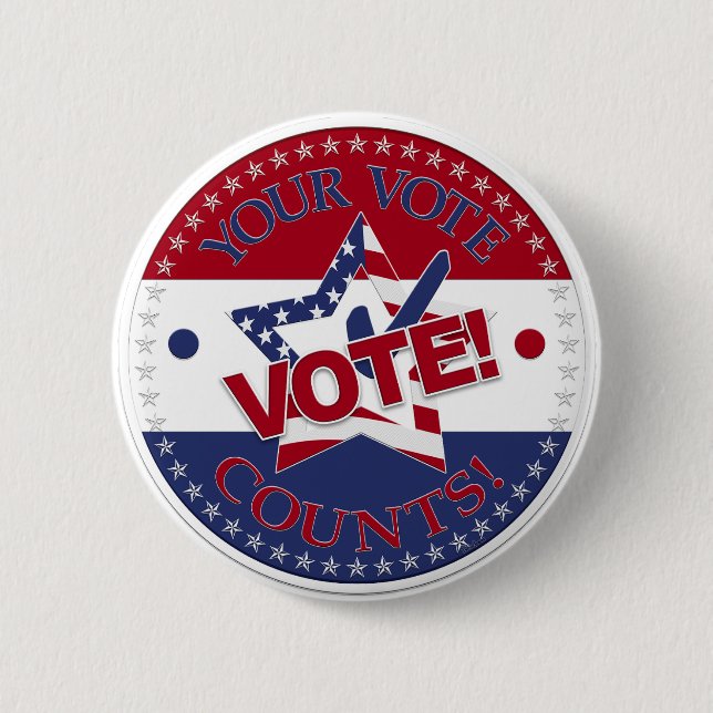Your Vote Counts VOTE! Star Check Mark 6 Cm Round Badge (Front)