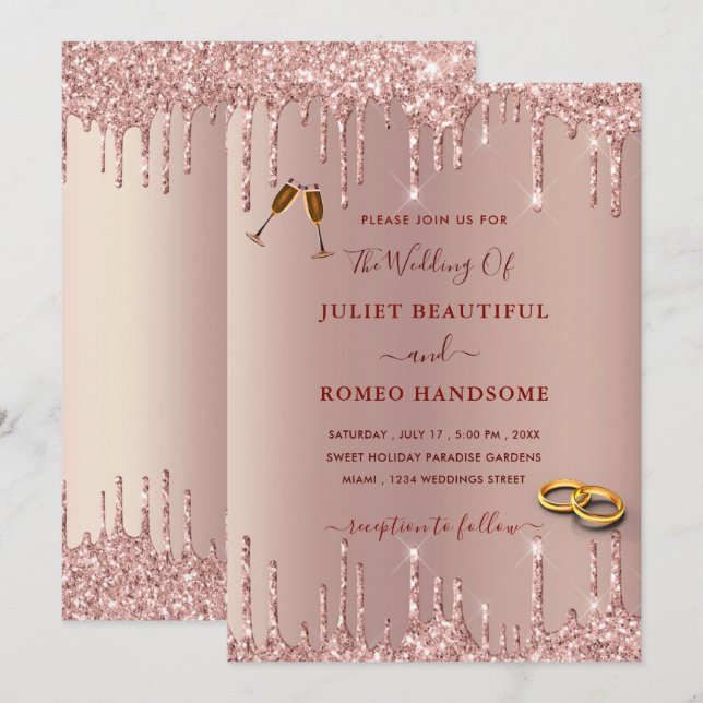 Your Wedding Invitation Rose Gold Glitter Drips (Front/Back)