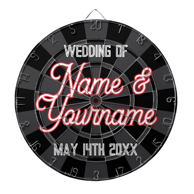 Your Wedding Names and Date on Black Charcoal Grey Dartboard (Front)