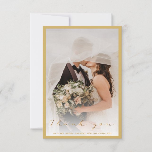 Your wedding photo, gold script and border  thank  thank you card (Front)