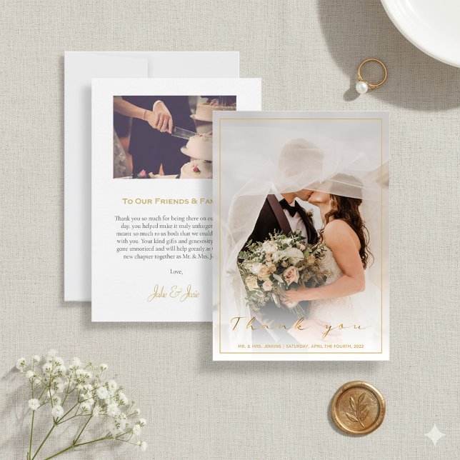 Your wedding photo, gold script and border  thank you card (Your wedding photo, gold script and border thank you card.)