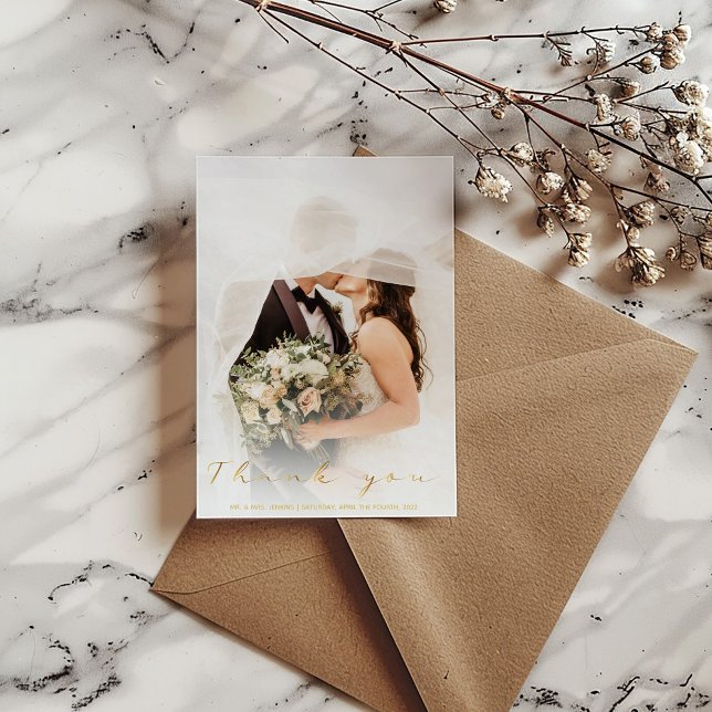 Your wedding photo, gold script, thank you card (Modern full photo cover, double photo wedding thank you card)