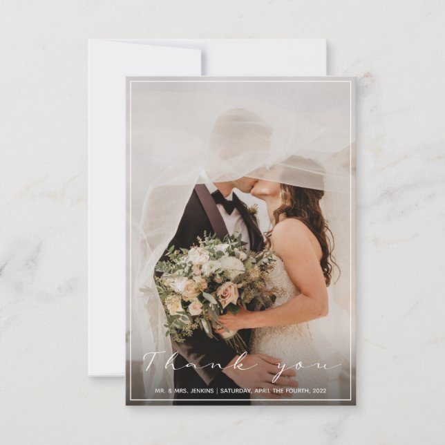 Your wedding photo, thank you card, thin border (Front)