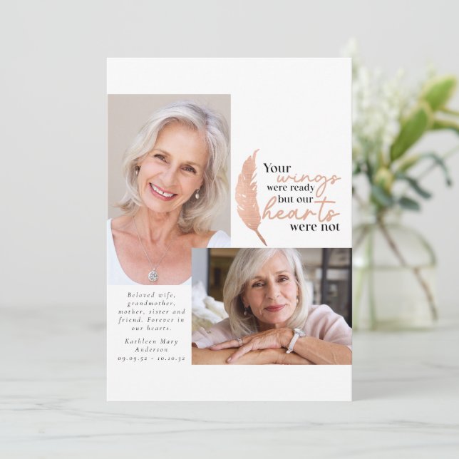 Your Wings Were Ready Rose Gold Sympathy Photos Thank You Card (Standing Front)