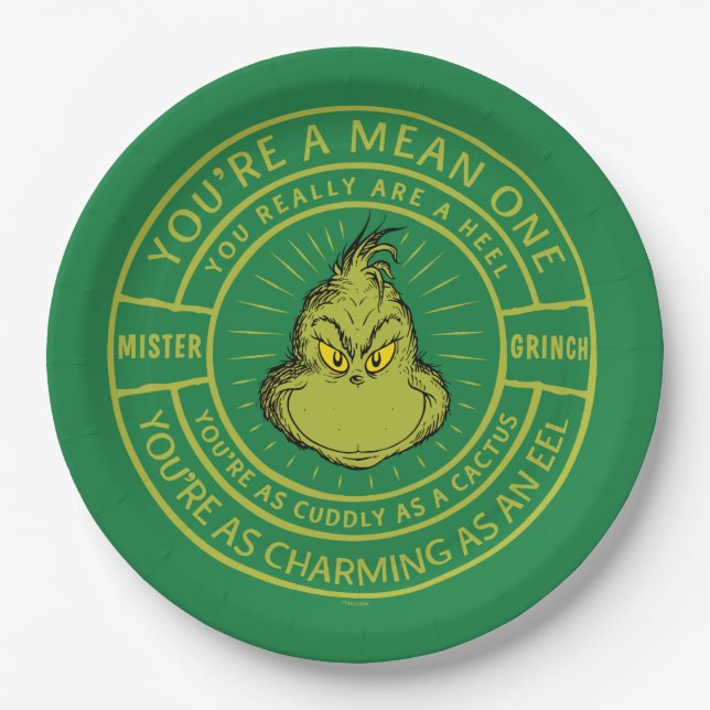 You're a Mean One Mister Grinch Badge Paper Plate (Front)
