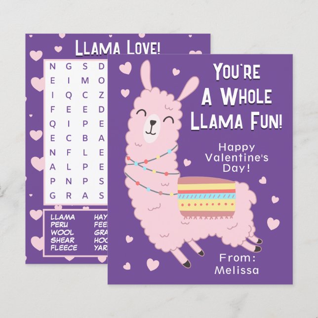 You're A Whole Llama Fun Classroom Valentine's Day (Front/Back)