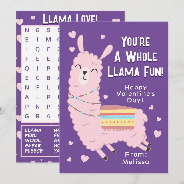 You're A Whole Llama Fun Classroom Valentine's Day Invitation (Front/Back)