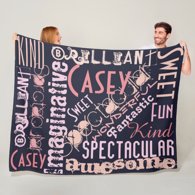 You're Awesome Personalised Names Words Navy Pink Fleece Blanket (In Situ)