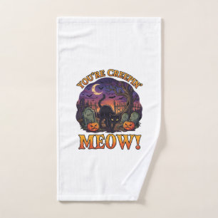 Youre Creepin Meow Halloween Black Cat Pumpkins Gr Hand Towel
