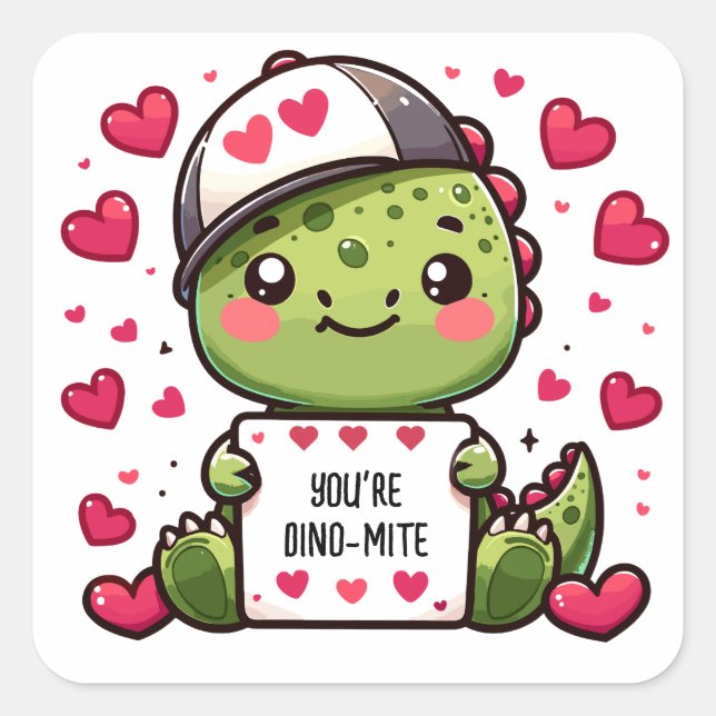 You're Dino-mite! - Cute Dinosaur Valentine's Card Square Sticker (Front)