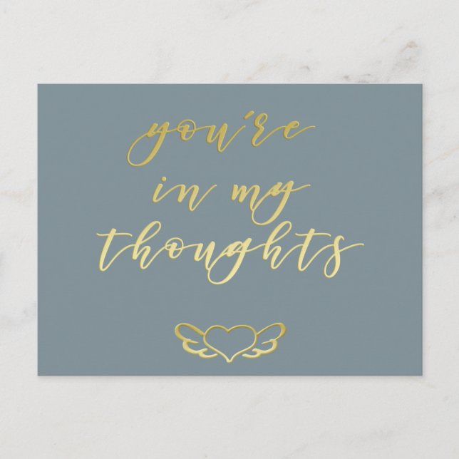 You're in my Thoughts - Blue & Gold Brush Script Postcard (Front)