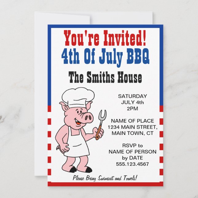 You're Invited 4th Of July BBQ Pig Cartoon Invitation (Front)