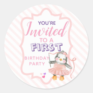 You're Invited Ballerina Penguin Pink Birthday Cla Classic Round Sticker