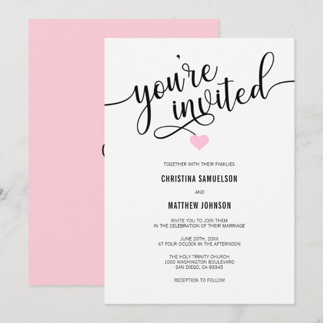 You're Invited Black White Blush Pink Rose Wedding Invitation (Front/Back)