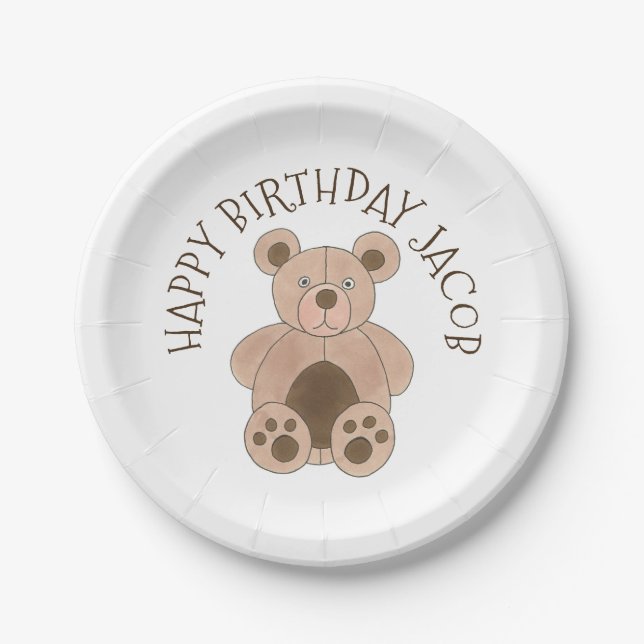 You're Invited Brown Teddy Bear Birthday Party Paper Plate (Front)