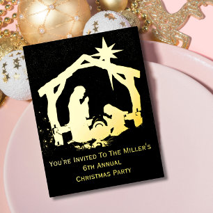 You're Invited Christmas Nativity Gold Christmas  Foil Holiday Postcard
