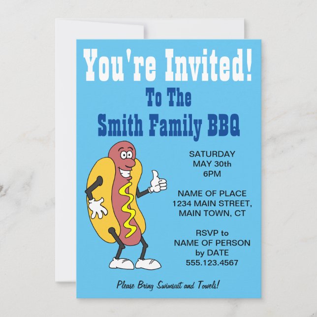 You're Invited Family BBQ Hot Dog Cartoon Blue Invitation (Front)