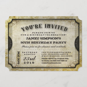 You're Invited Gold Antique Ticket Birthday Invite