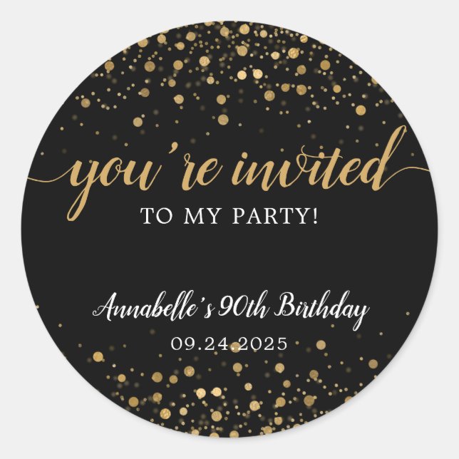 You're Invited Party Gold Black Confetti Birthday Classic Round Sticker (Front)