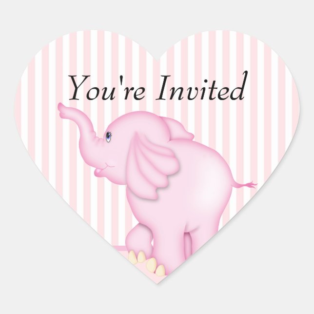 You're Invited Pink Elephant Baby Shower Heart Sticker (Front)