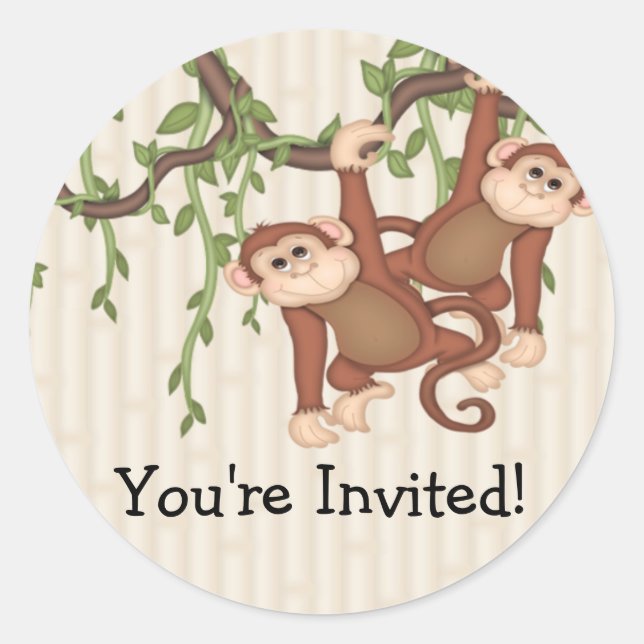 You're Invited! twins Monkeys Baby Shower Classic Round Sticker (Front)