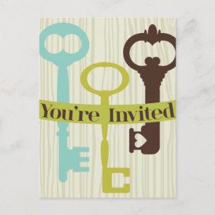 You're Invited with Keys and woodgrain Invitation Postcard